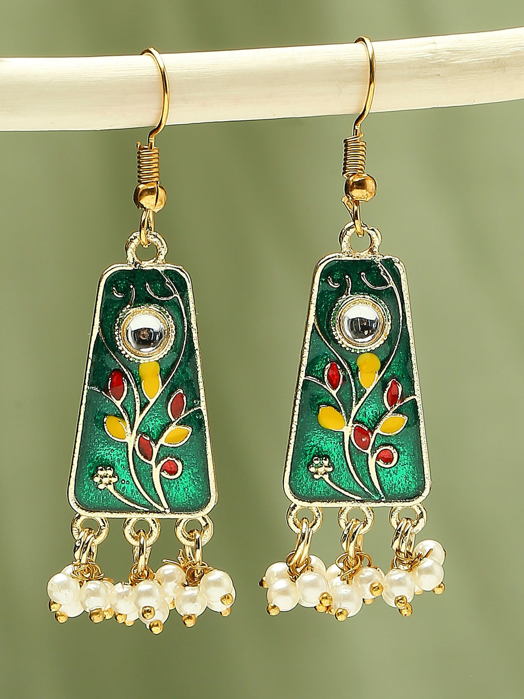 OOMPH Gold Plated Geometric Kundan Studded And Beaded Meenakari Drop Earrings