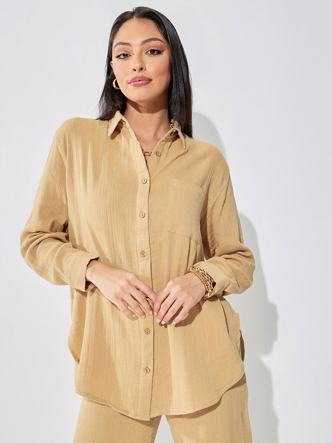 Styli Cotton Roll-Up Sleeve Oversized Longline Shirt