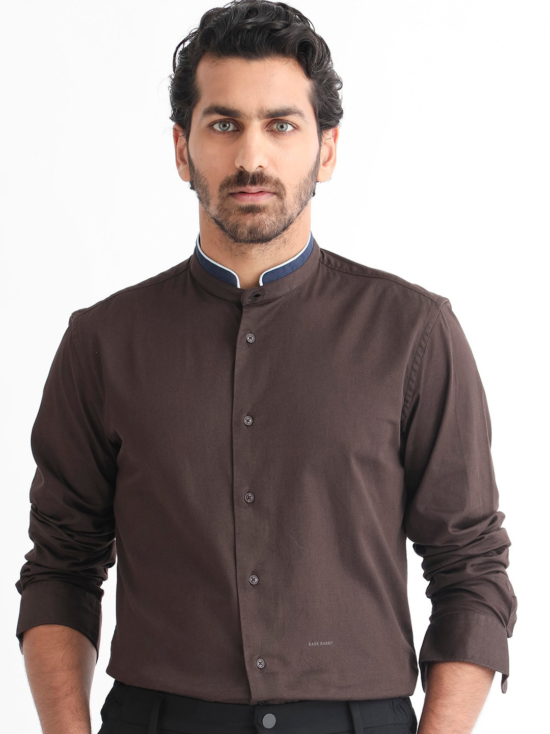 RARE RABBIT Men Tehran Band Collar Slim Fit Shirt