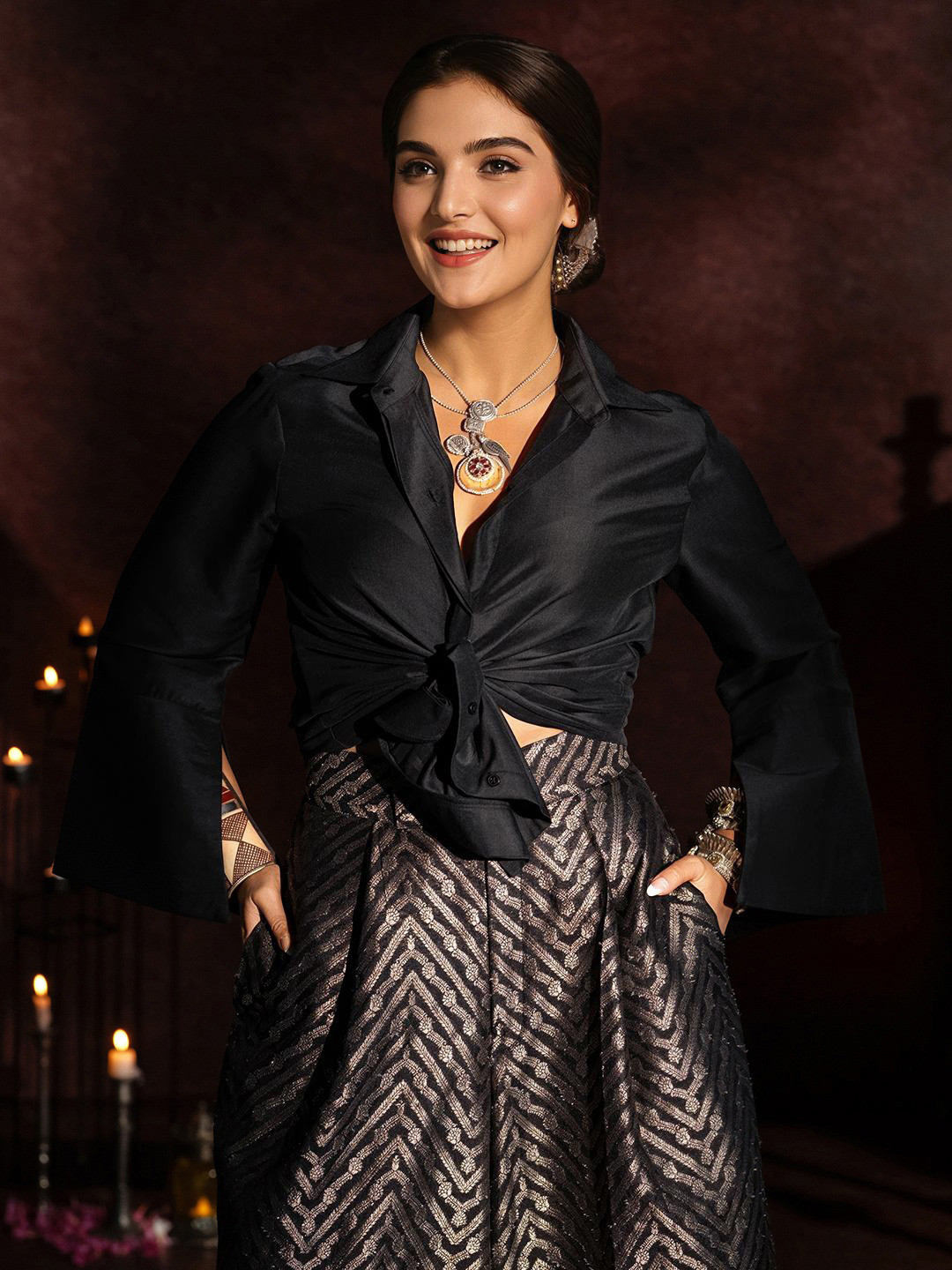 Ishin Shirt Collar Shirt With Embellished Flared Trousers