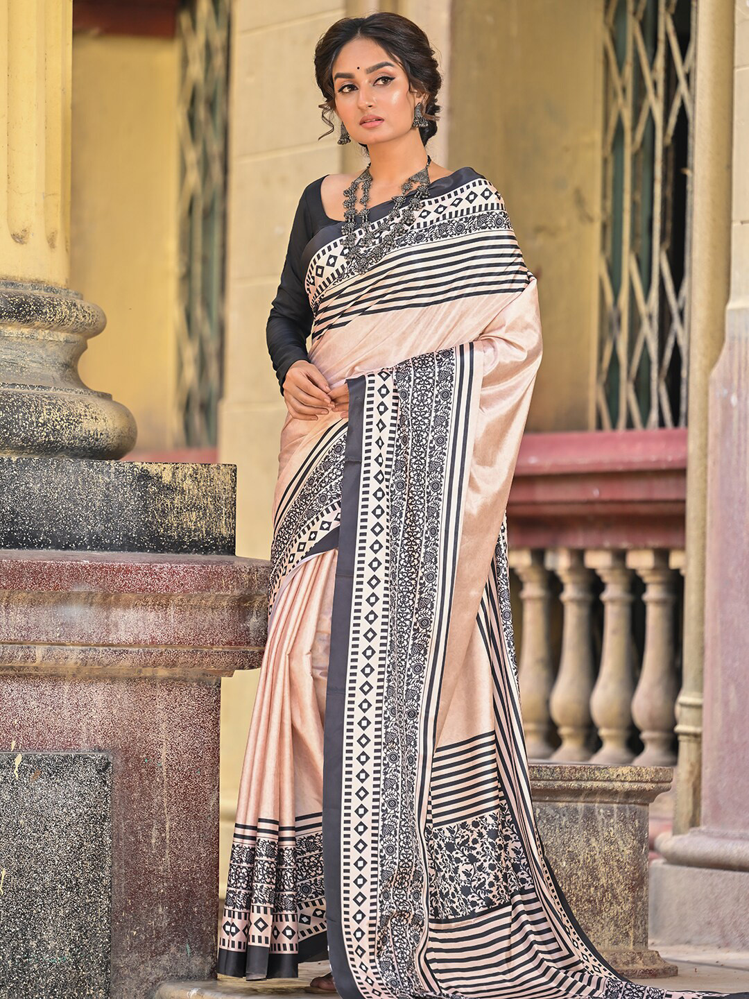 Anouk Cream Colored Floral Printed Saree