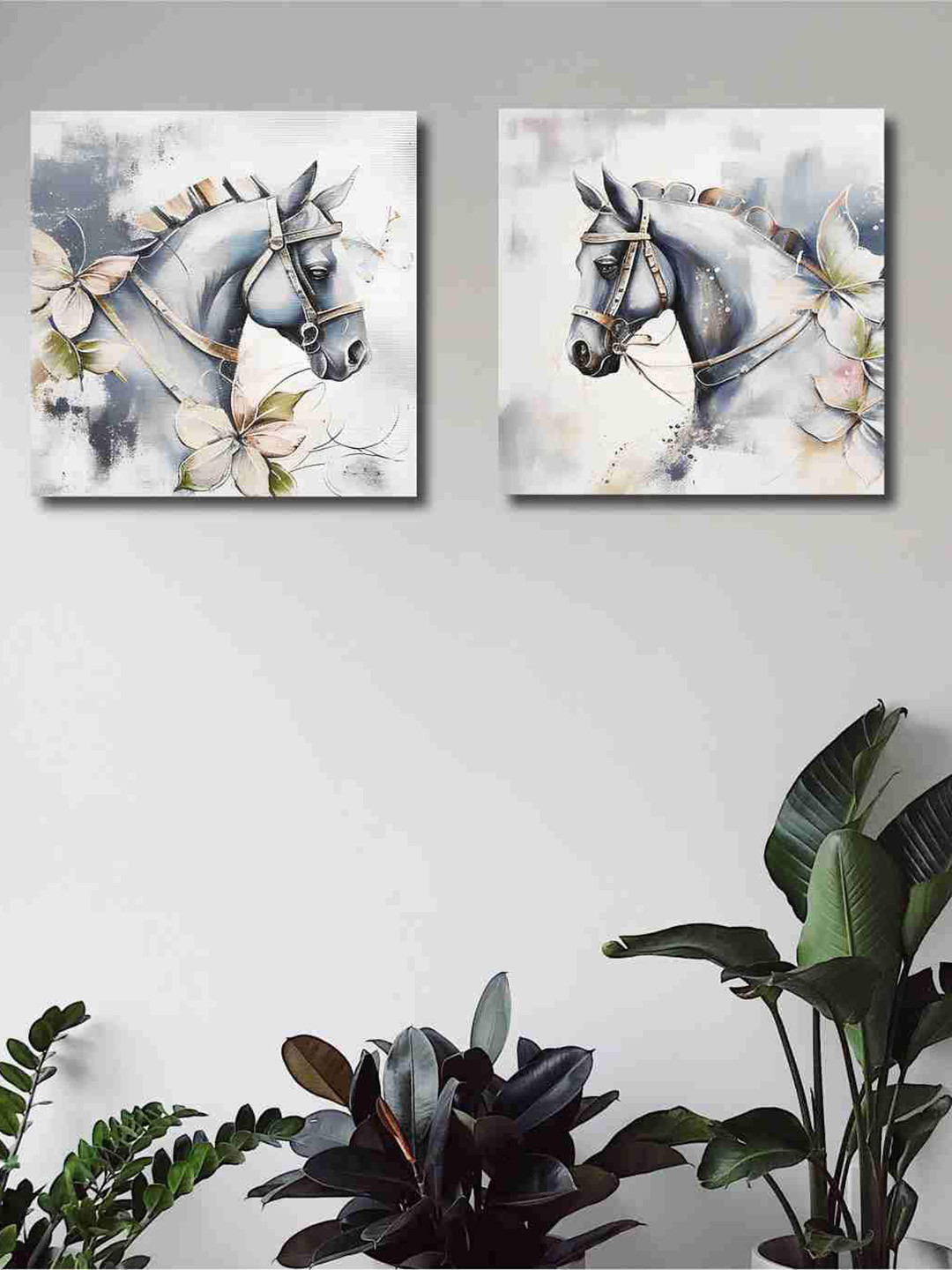 SAF Horse Grey Canvas 2 Pcs Wall Living Room Square Paintings Wall Art -11.8 x 11.8In