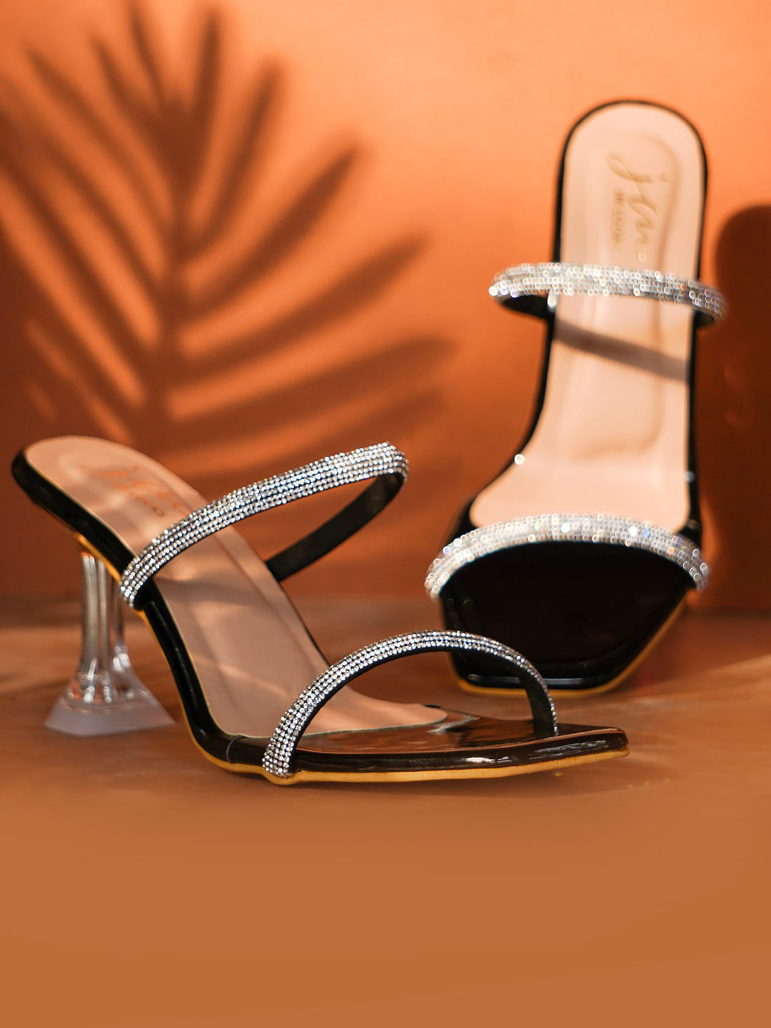 JM Looks Black Embellished Party Casual Block Heel Mules