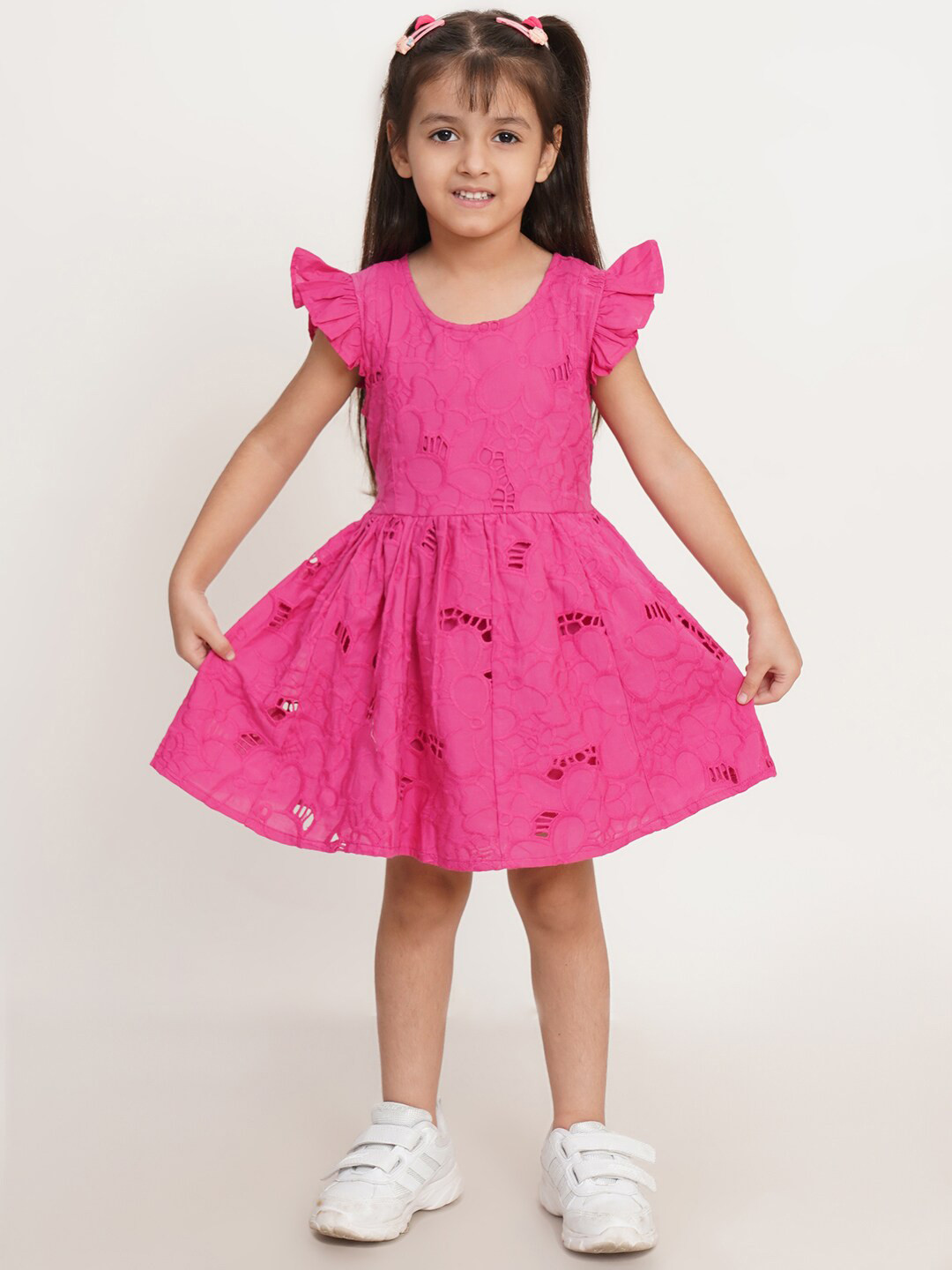 Creative Kids Girls Self Design Flutter Sleeves Cotton Fit & Flare Dress