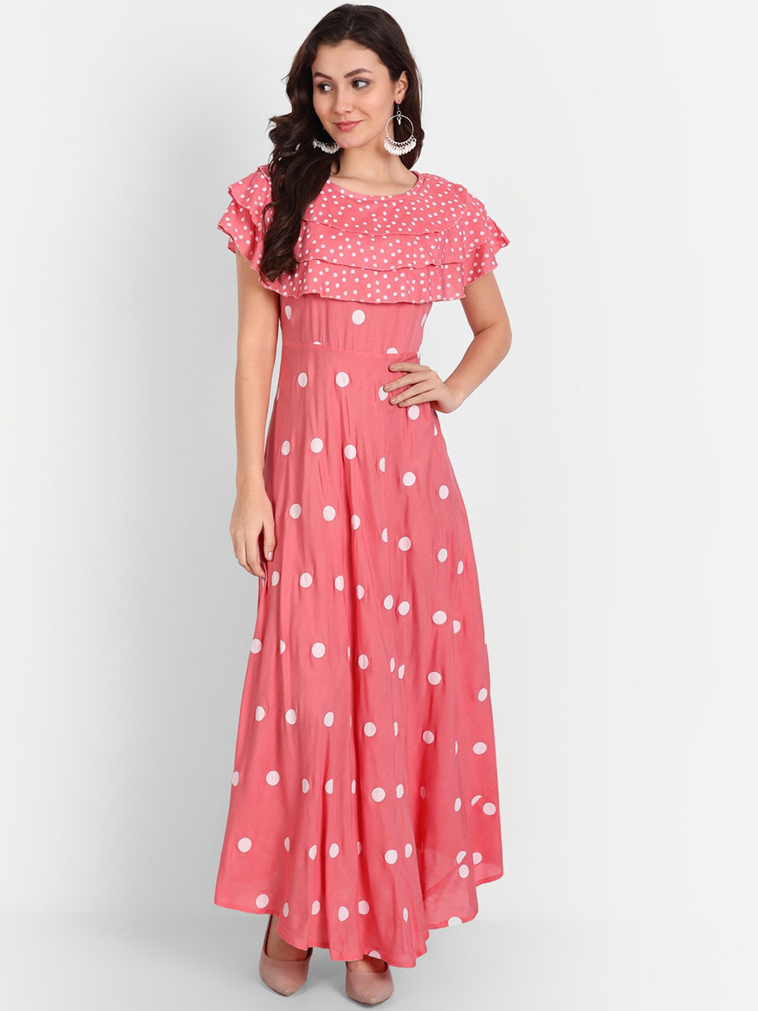 TREND ME Polka Dots Printed Flutter Sleeves Layered Detail Maxi Dresses