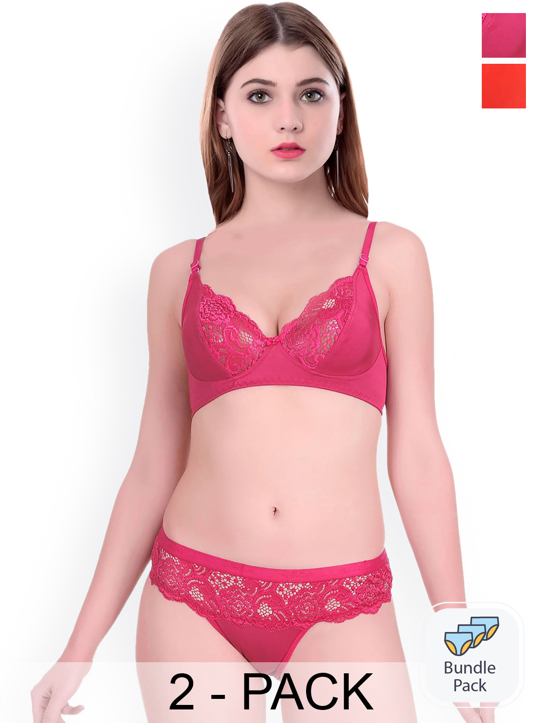 AROUSY Pack Of 2 Self Design Cotton Lingerie Set Q_Cate set _Pink,Red_30
