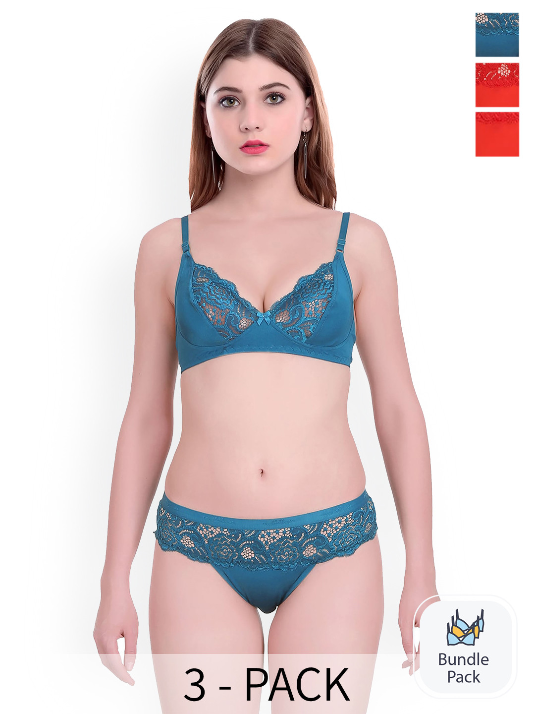 Aamarsh Pack Of 3 Self-designed Cotton Lingerie Set AP_Q_Cate set _Red,Blue,Red_30