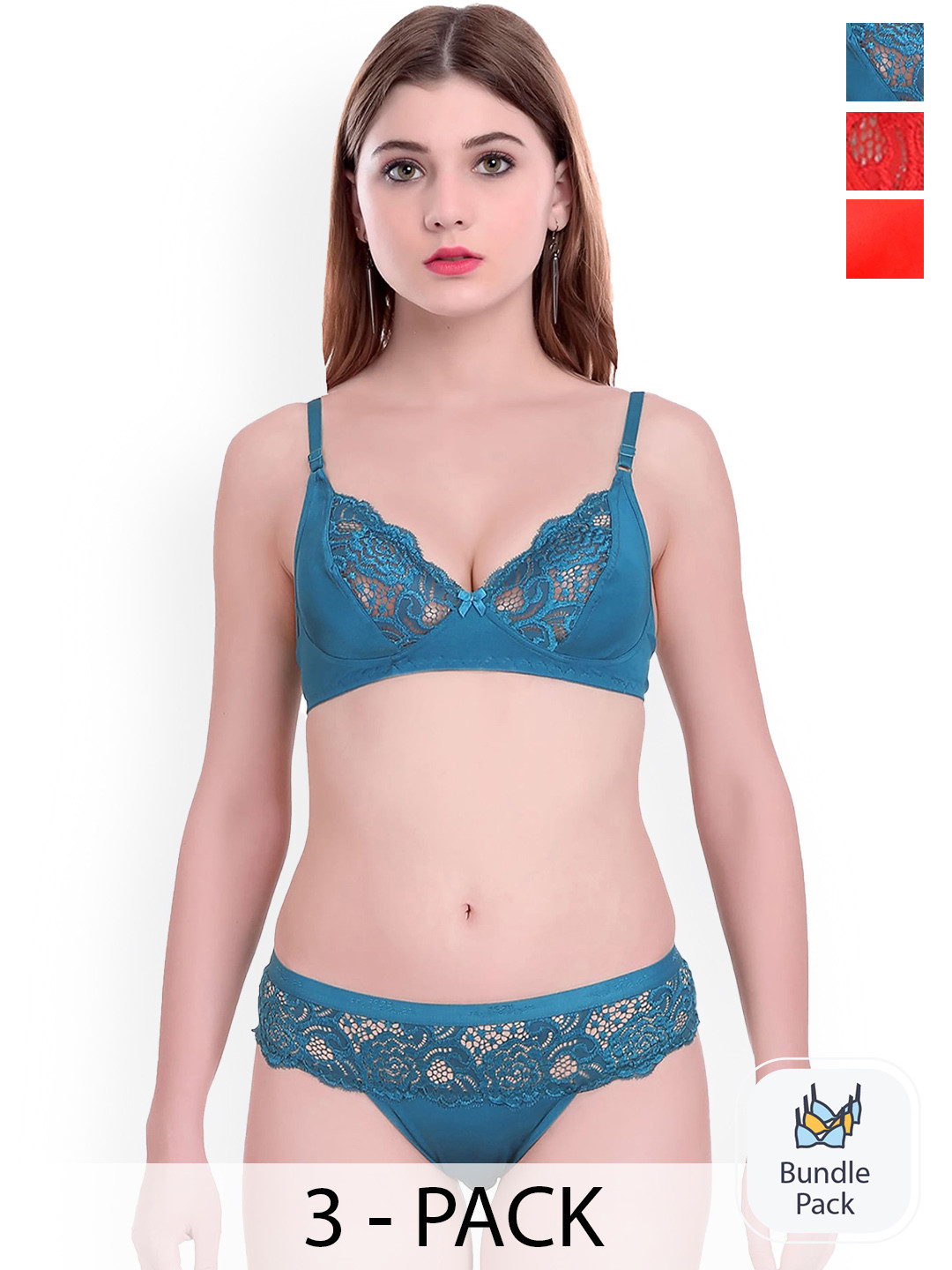 AROUSY Pack Of 3 Self-designed Cotton Lingerie Set N_Cate set _Blue,Red,Red_30