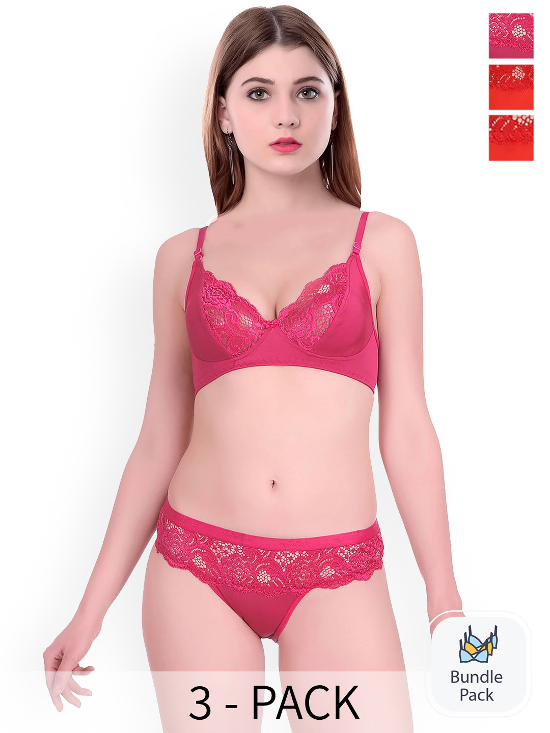 AROUSY Pack Of 3 Self Design Cotton Lingerie Set-N_Cate set _Red,Pink,Red_30