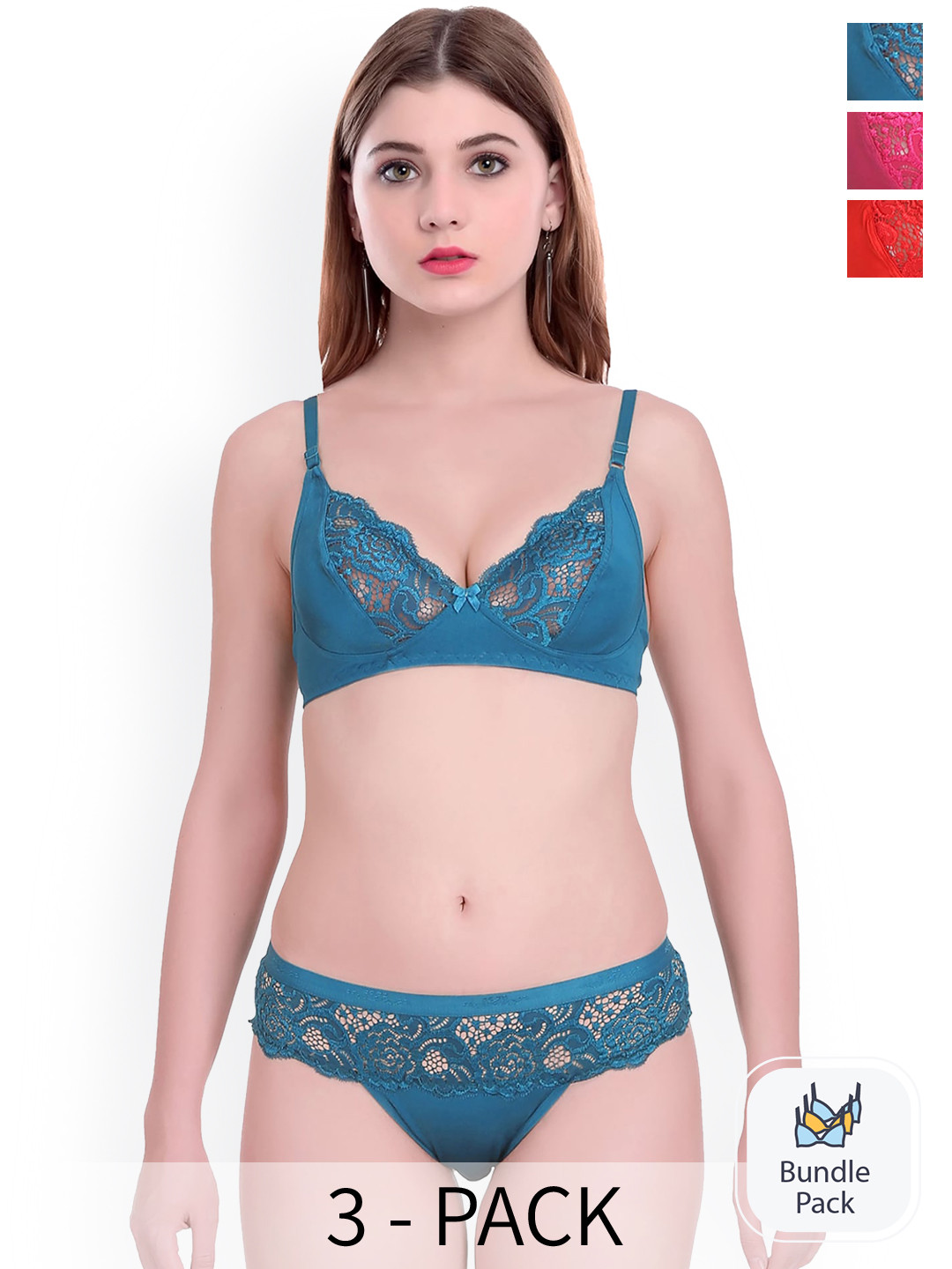 AROUSY Pack Of 3 Self-designed Cotton Lingerie Set N_Cate set _Blue,Pink,Red_30