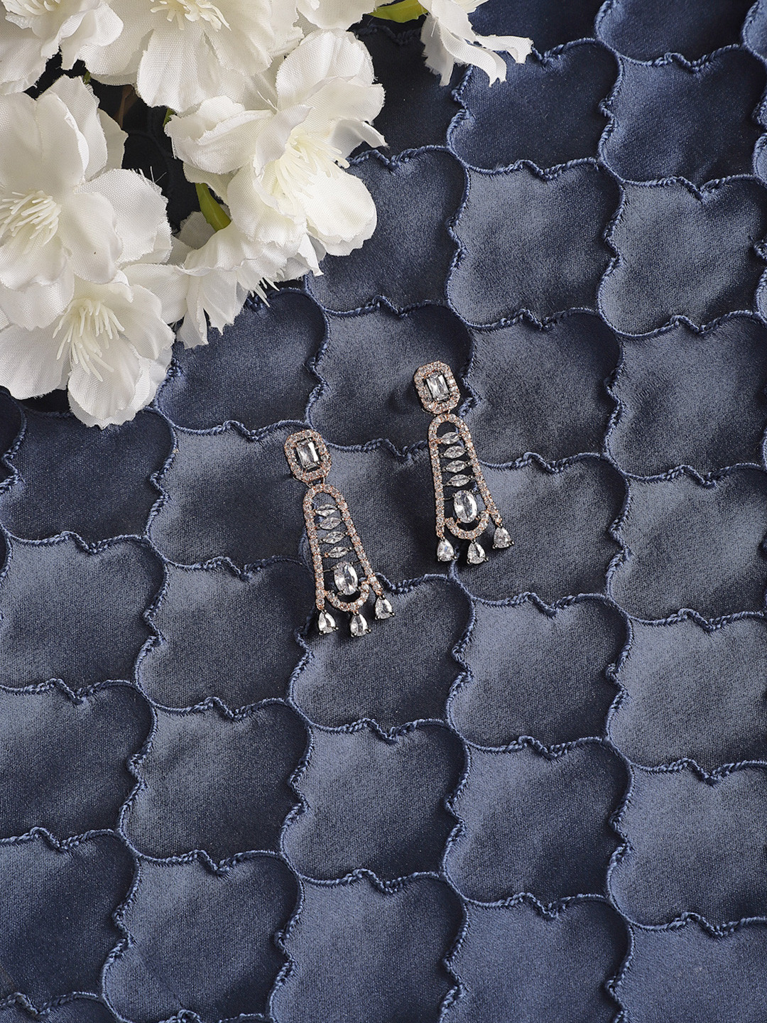 ZENEME Rose Gold Plated Gunmetal Toned American Diamond Studded Drop Earrings