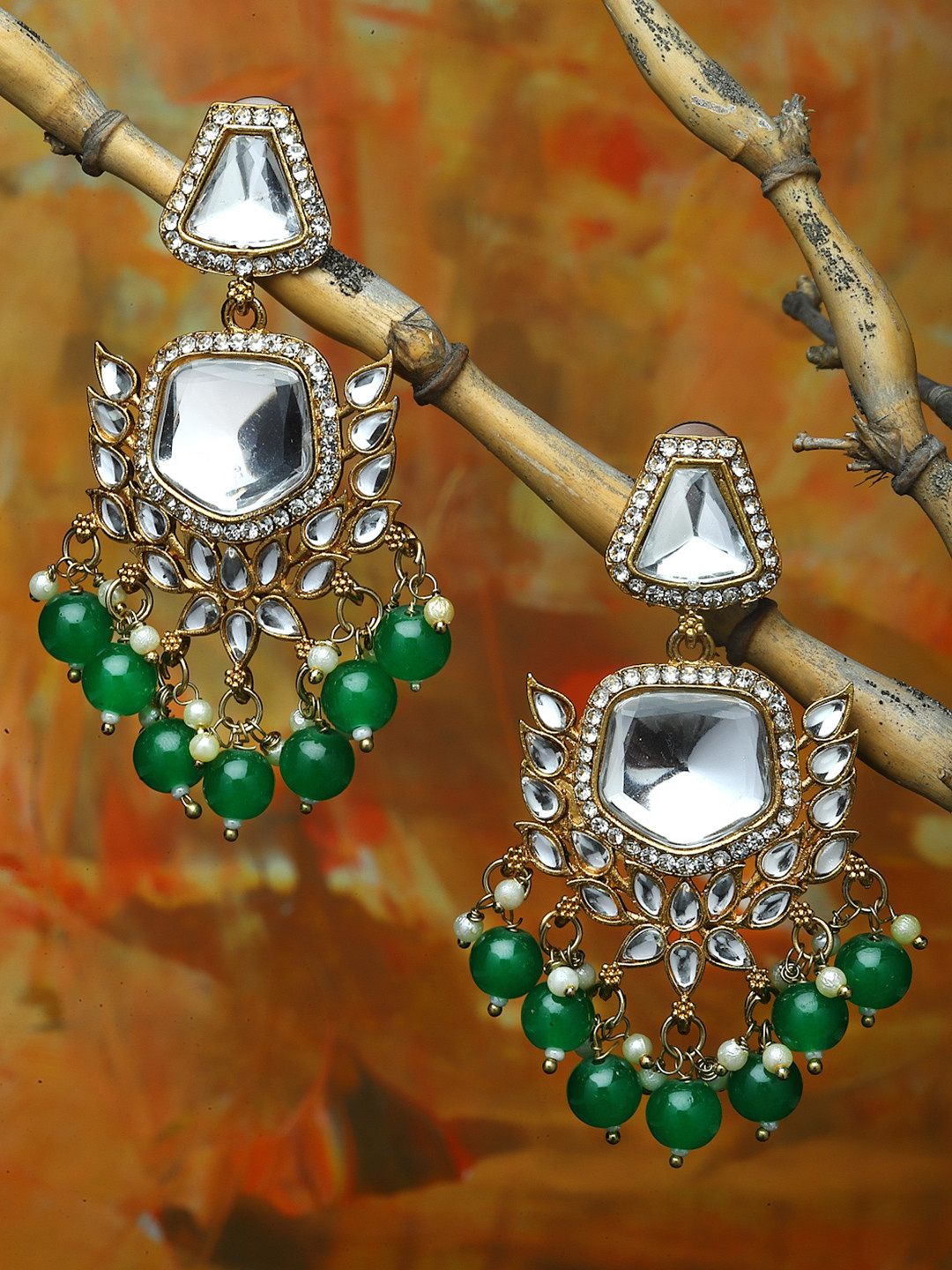 ZENEME Green Gold Plated Kundan & Beads Studded Green Earrings