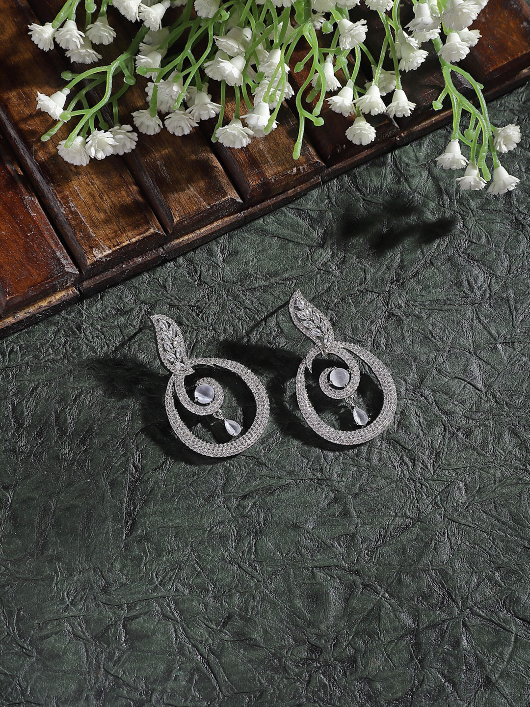 ZENEME Rhodium Plated Grey American Diamond Studded Earrings