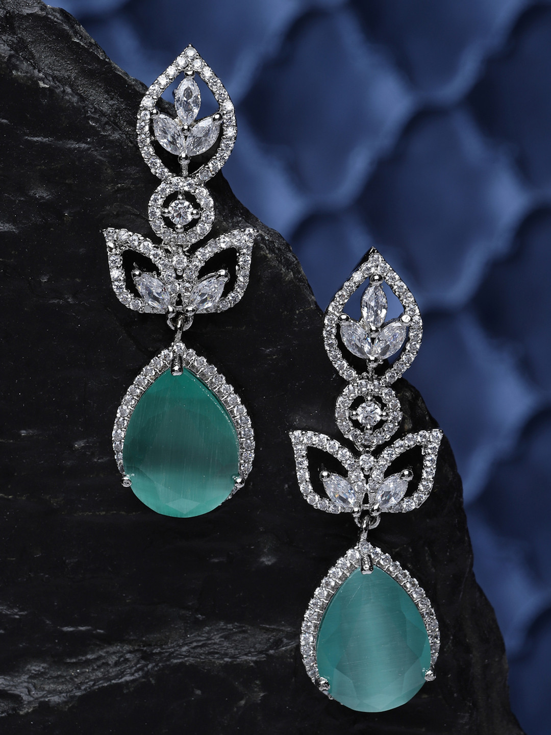 ZENEME Rhodium Plated Silver Toned Sky Blue Teardrop Shaped Drop Earrings