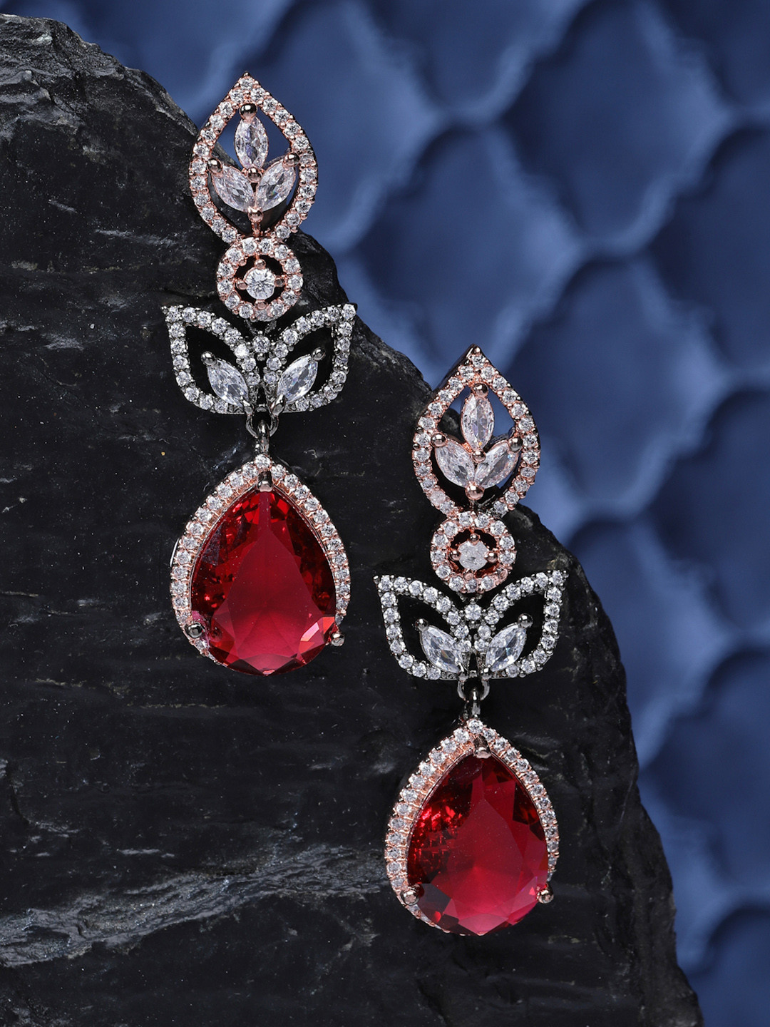 ZENEME Rose Gold Gunmetal Toned Teardrop Shaped Red AD Studded Earrings