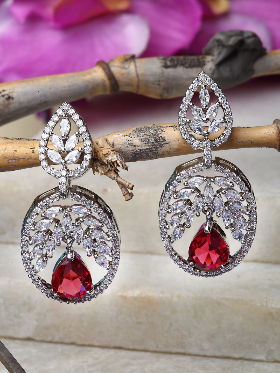 ZENEME Rhodium-Plated Red American Diamond Studded Earrings