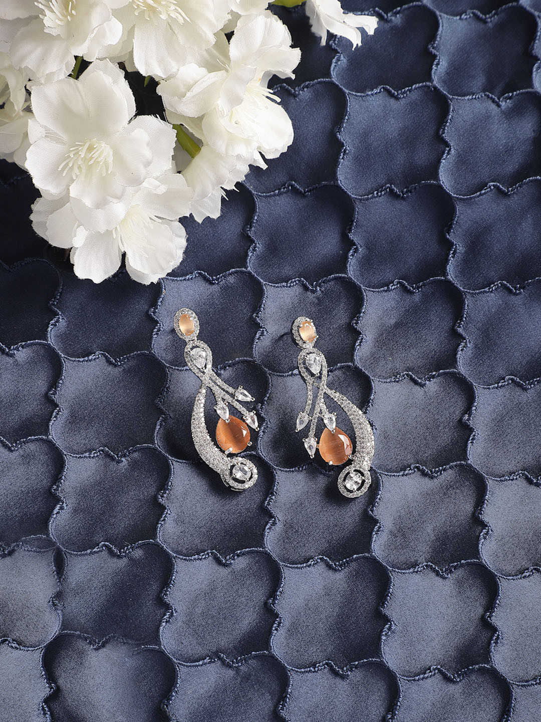 ZENEME Rhodium Plated Orange American Diamond Studded Earrings