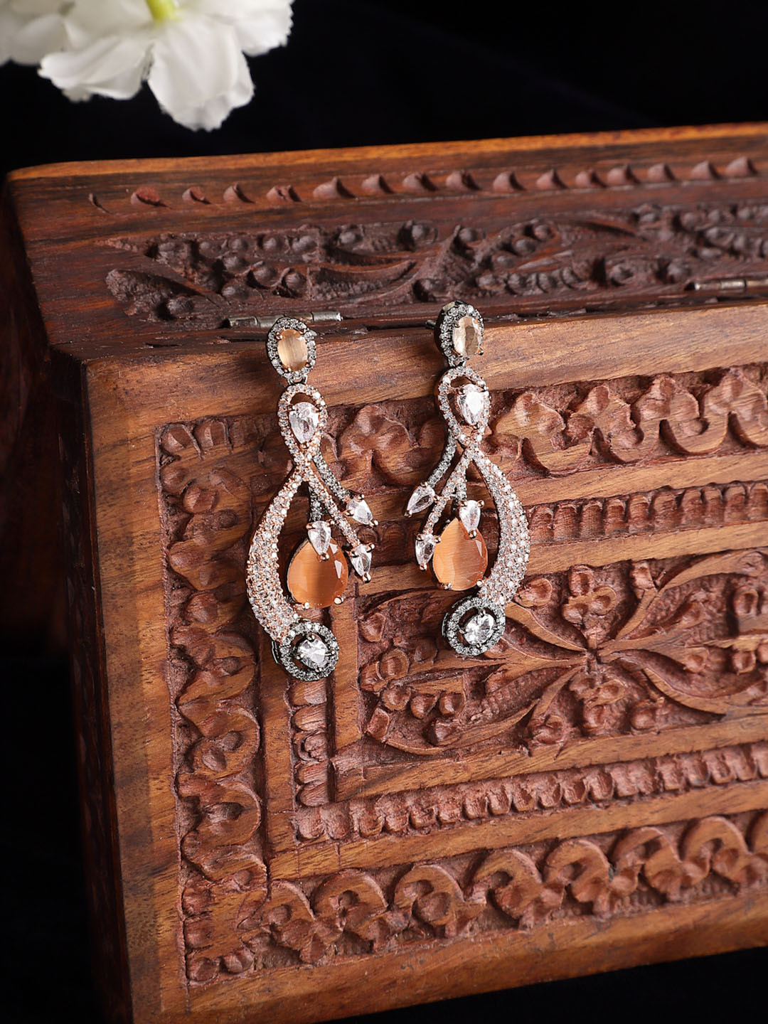 ZENEME Rose Gold Gunmetal Toned Orange American Diamond Studded Earrings