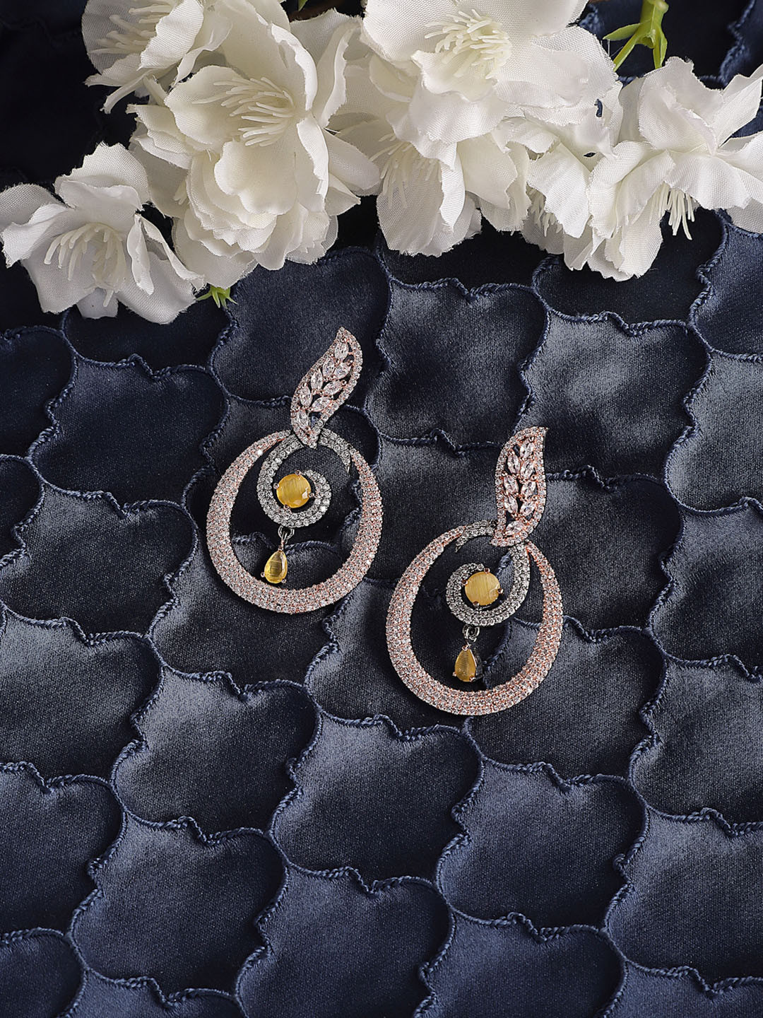 ZENEME Rose Gold Gunmetal Toned Yellow American Diamond Studded Earrings