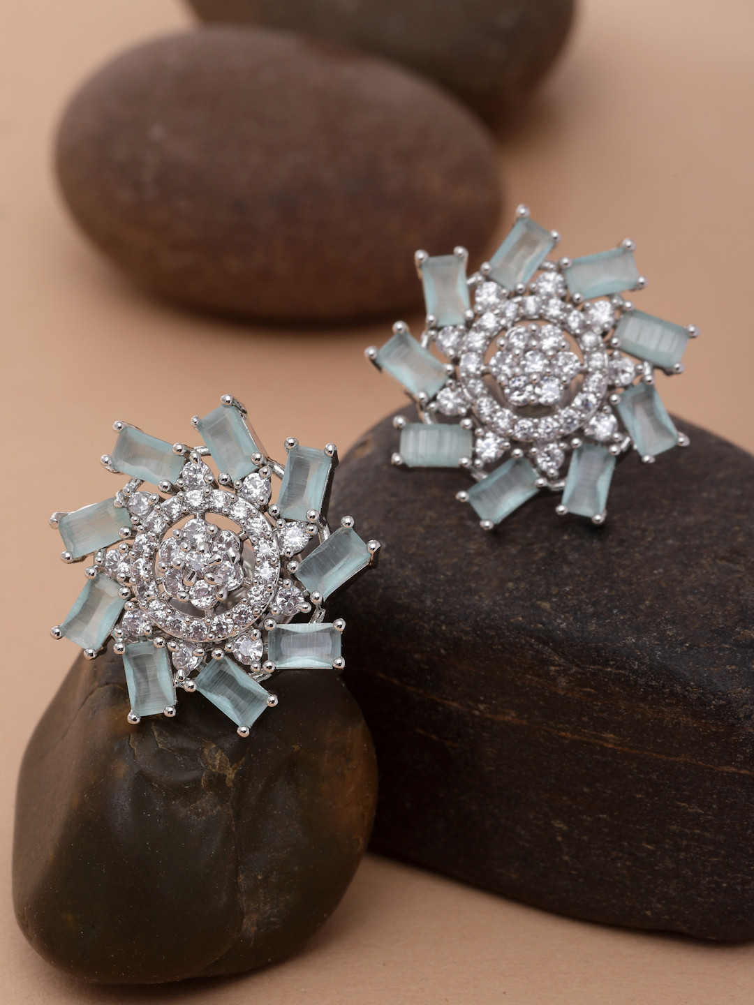 ZENEME Sea Green Rhodium-Plated American Diamond Studded Floral Studs Earrings