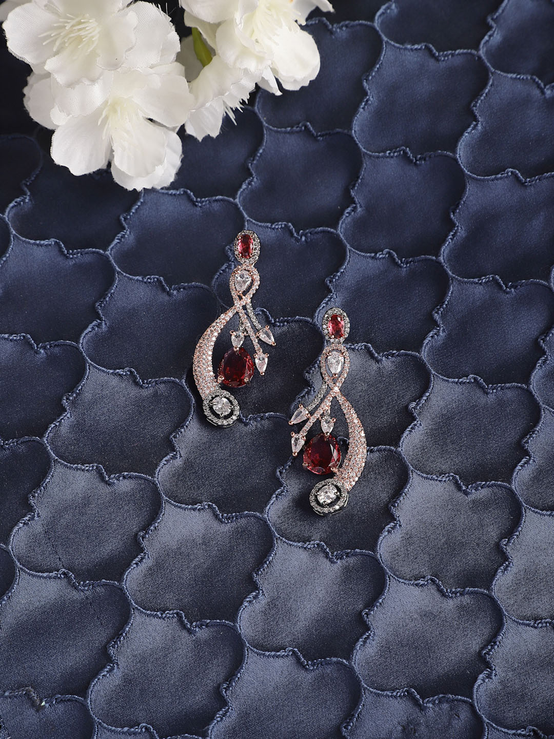 ZENEME Rose Gold Gunmetal Toned Red American Diamond Studded Earrings