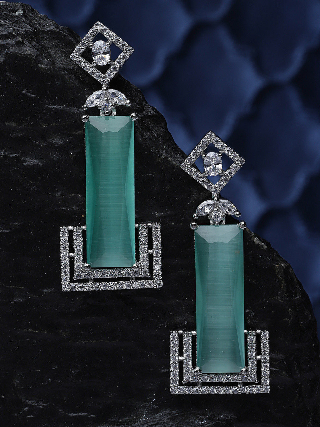 ZENEME Rhodium-Plated American Diamond Studded Geometric Drop Earrings