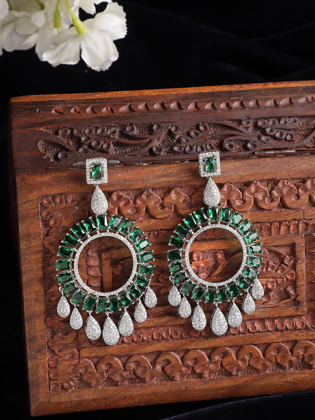 ZENEME Rhodium-Plated Green American Diamond Studded Circle Shaped Earrings