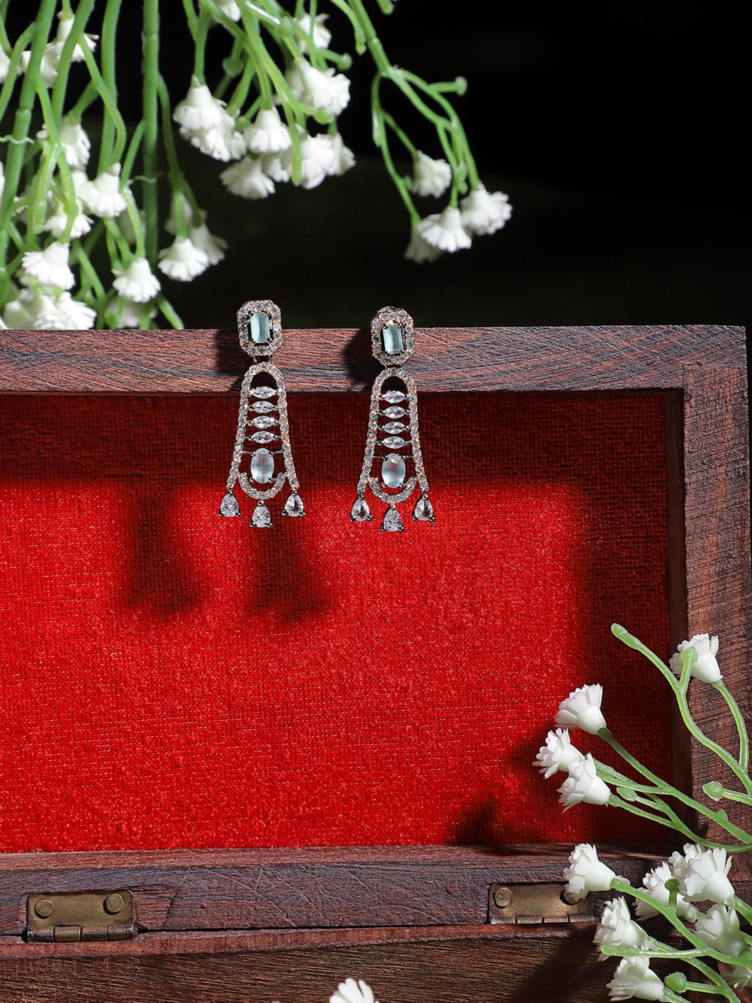 ZENEME Rose Gold Gunmetal Toned Sea Green American Diamond Studded Earrings