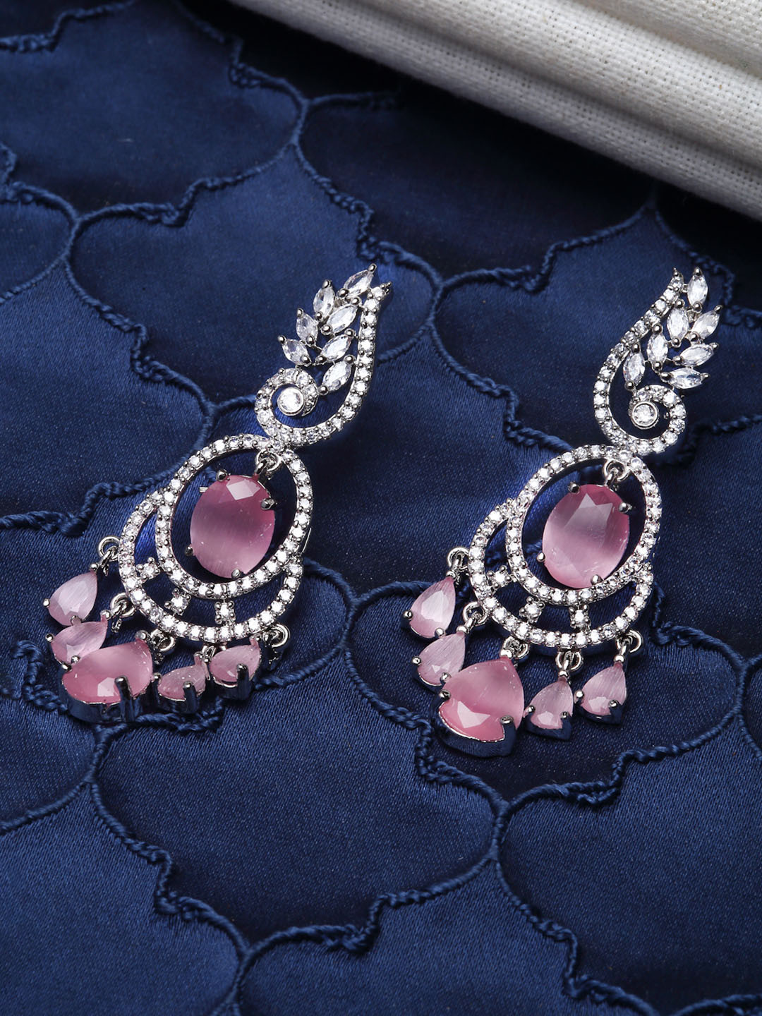 Rhodium-Plated Leaf Shaped Pink American Diamond Studded Earrings