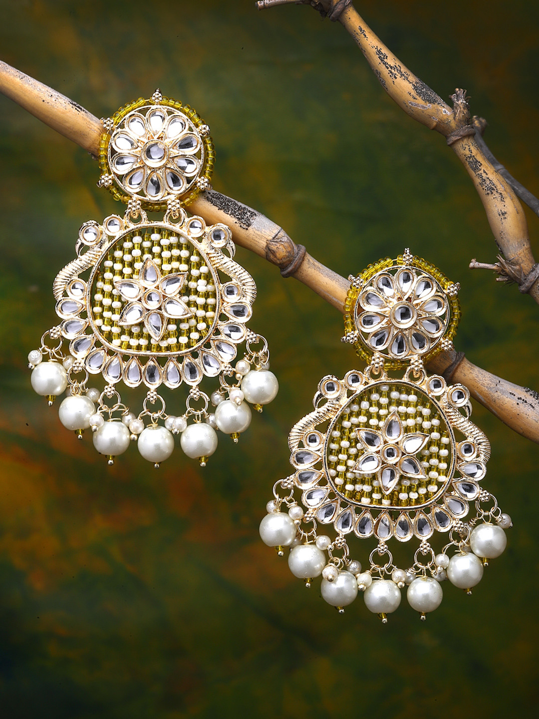 ZENEME Gold-Plated Kundan-Studded Crescent Shaped Yellow Chandbalis Earrings