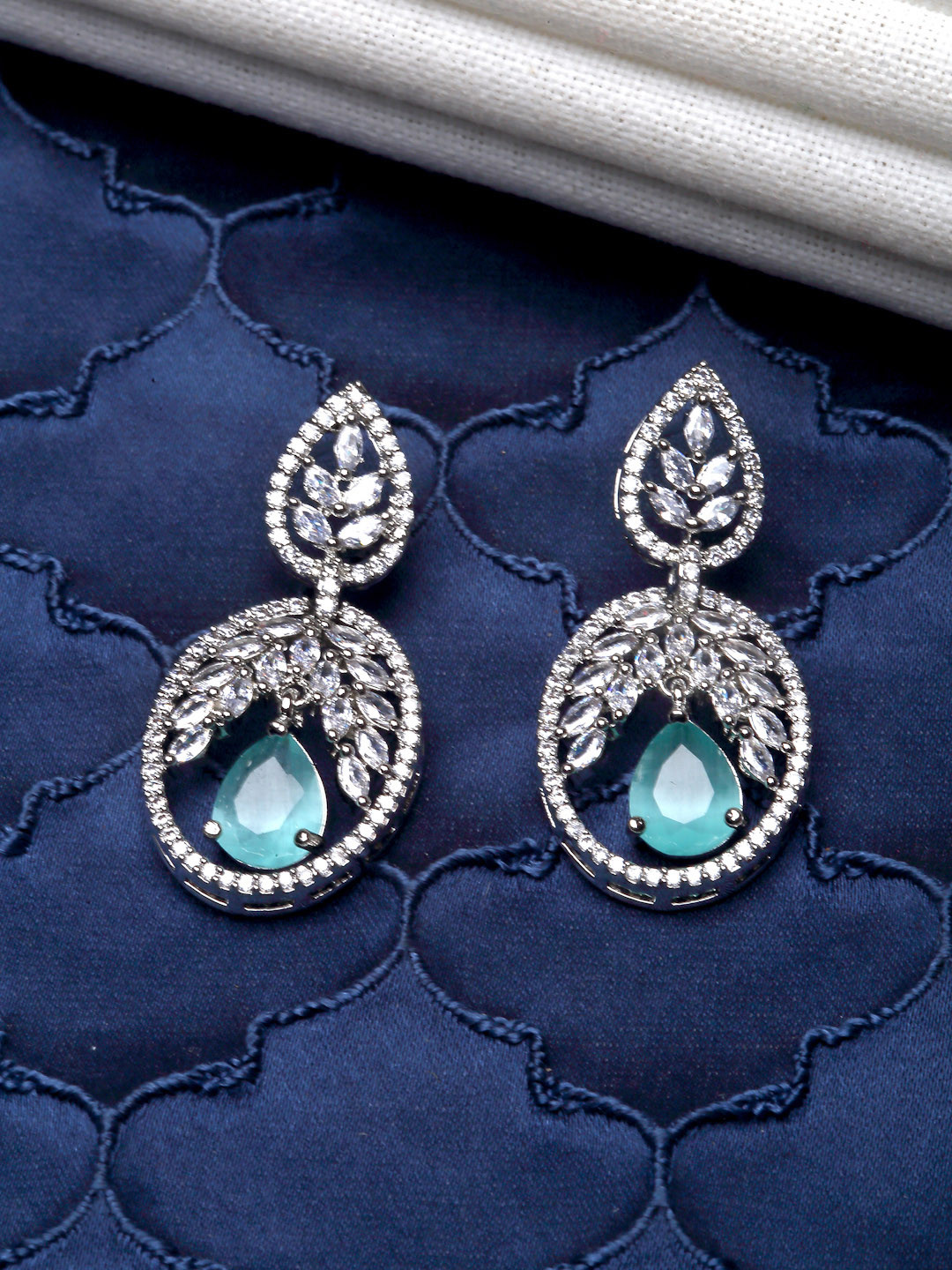 ZENEME Sea Green Rhodium-Plated American Diamond Studded Earrings