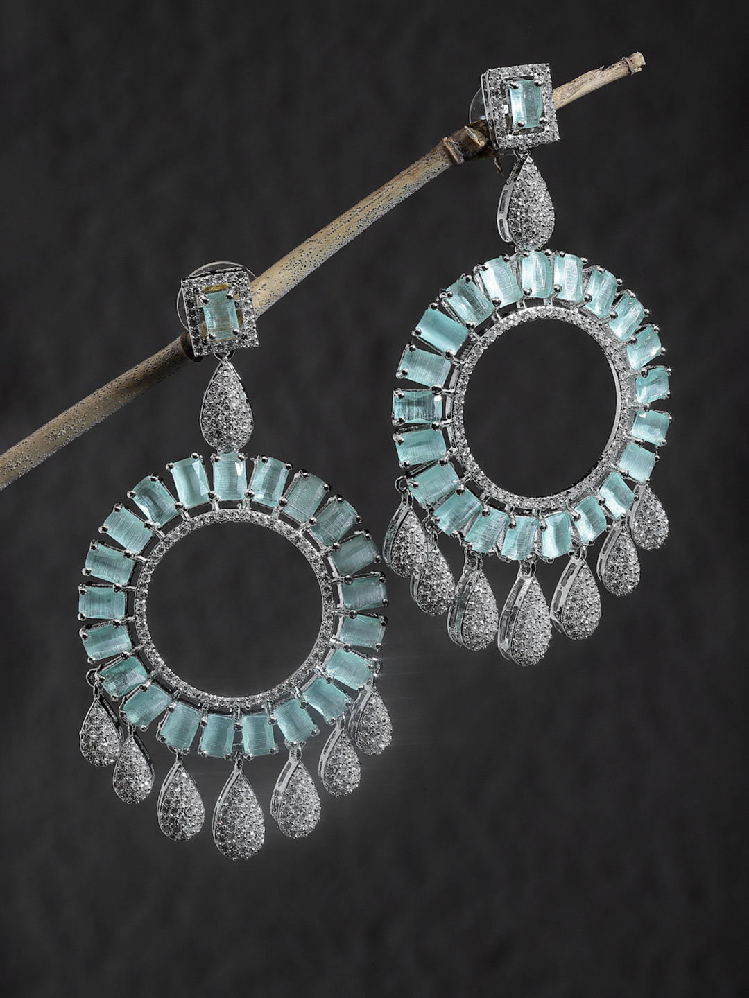 ZENEME Rhodium-Plated Sea Green American Diamond Studded Circle Shaped Earrings