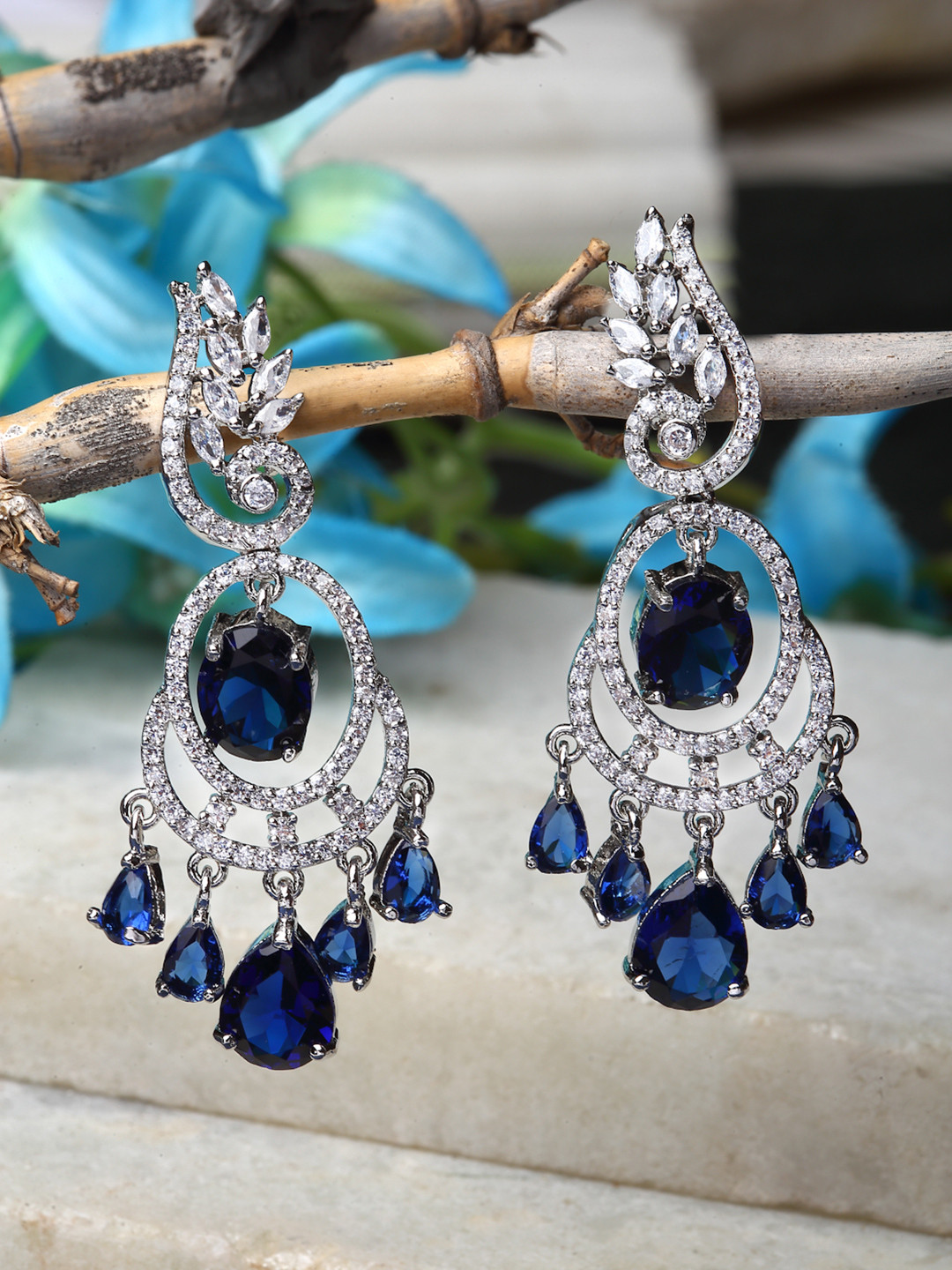 ZENEME Rhodium-Plated Leaf Shaped Navy Blue American Diamond Studded Earrings