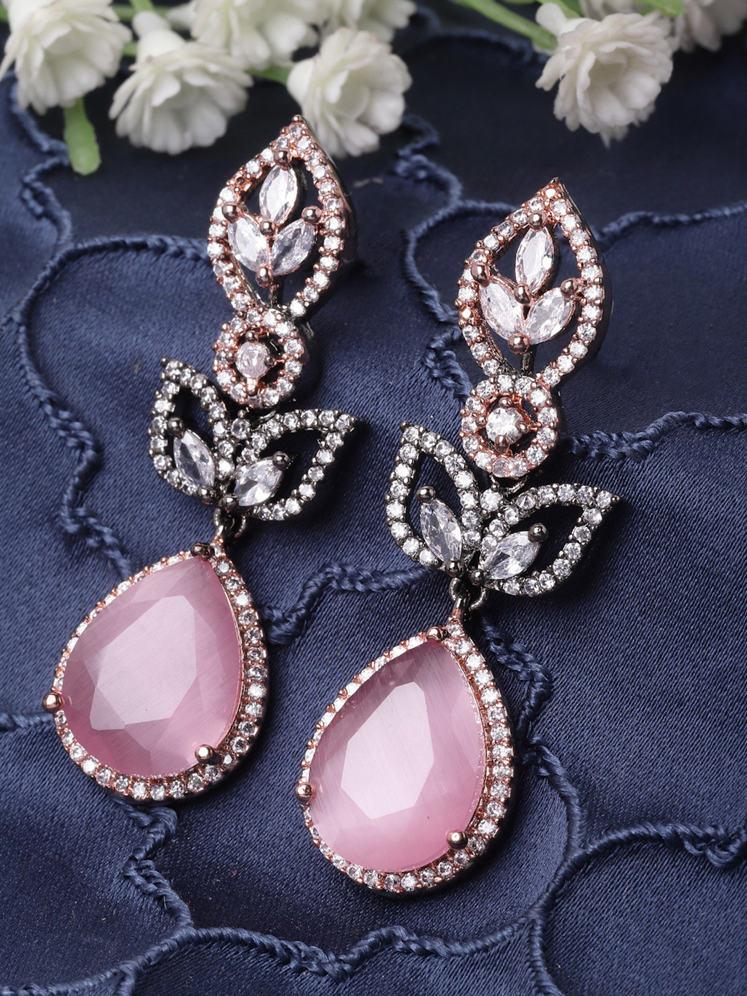 ZENEME Rose Gold Gunmetal Toned Teardrop Shaped Pink AD Studded Earrings