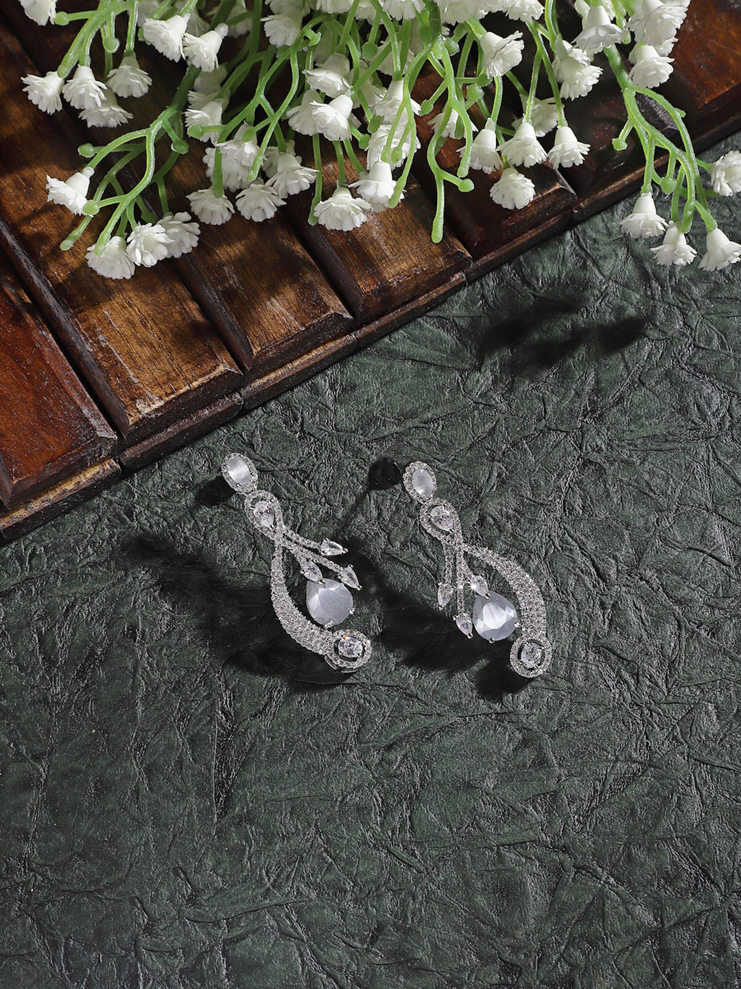 ZENEME Rhodium Plated Grey American Diamond Studded Earrings