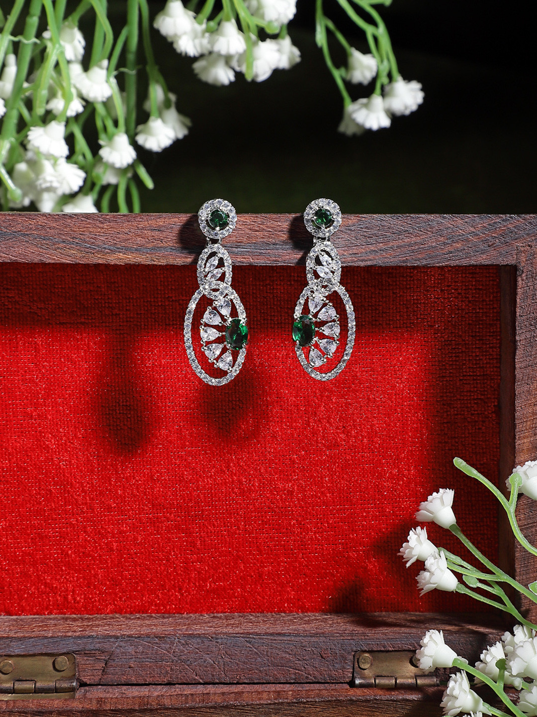 Rhodium-Plated Red American Diamond Studded Quirky Shaped Earrings
