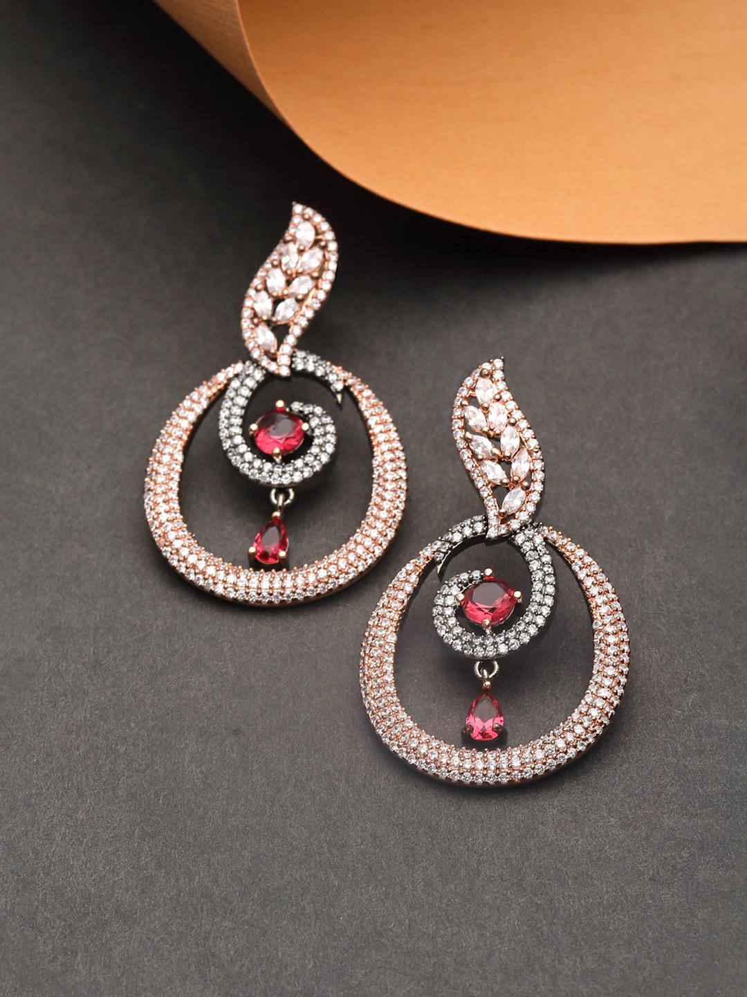 ZENEME Rose Gold Gunmetal Toned Red American Diamond Studded Earrings