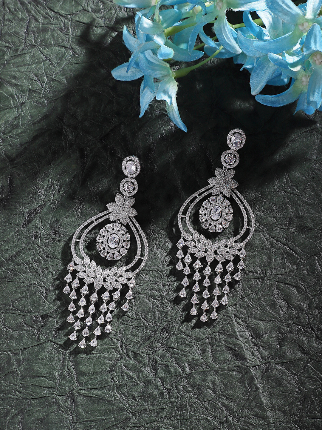 ZENEME White Rhodium-Plated American Diamond Studded Earrings