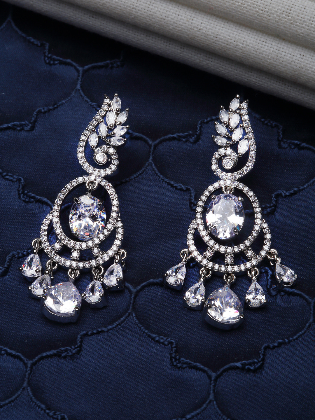 ZENEME Rhodium-Plated American Diamond studded Contemparory Drop Earrings