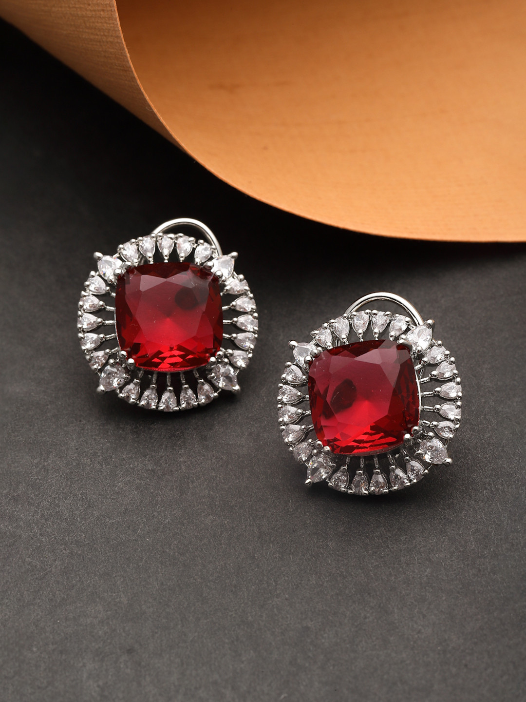 ZENEME Rhodium-Plated Red American Diamond Studded Contemporary Stud Earrings