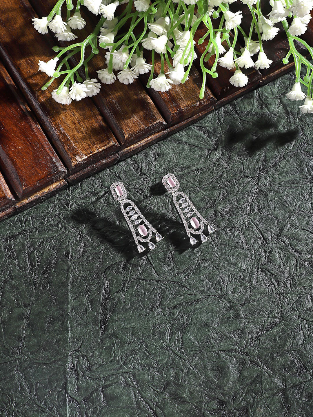 Rhodium Plated Pink American Diamond Studded Drop Earrings