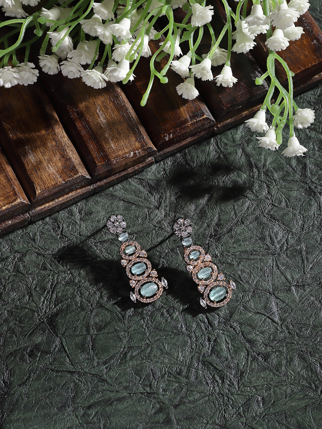 ZENEME Rose Gold-Plated Gunmetal Toned Sea Green American Diamond Studded Drop Earrings