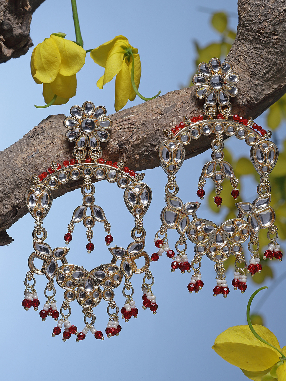 ZENEME Gold Plated Red Floral Kundan Studded Chandbalis Earrings