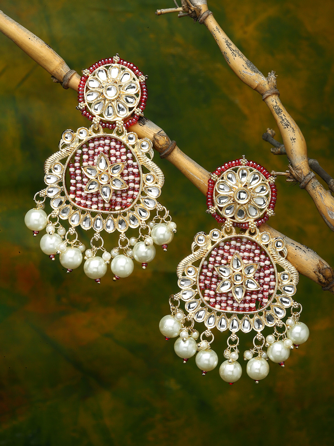 ZENEME Gold-Plated Pink Kundan-Studded Crescent Shaped Chandbalis Earring