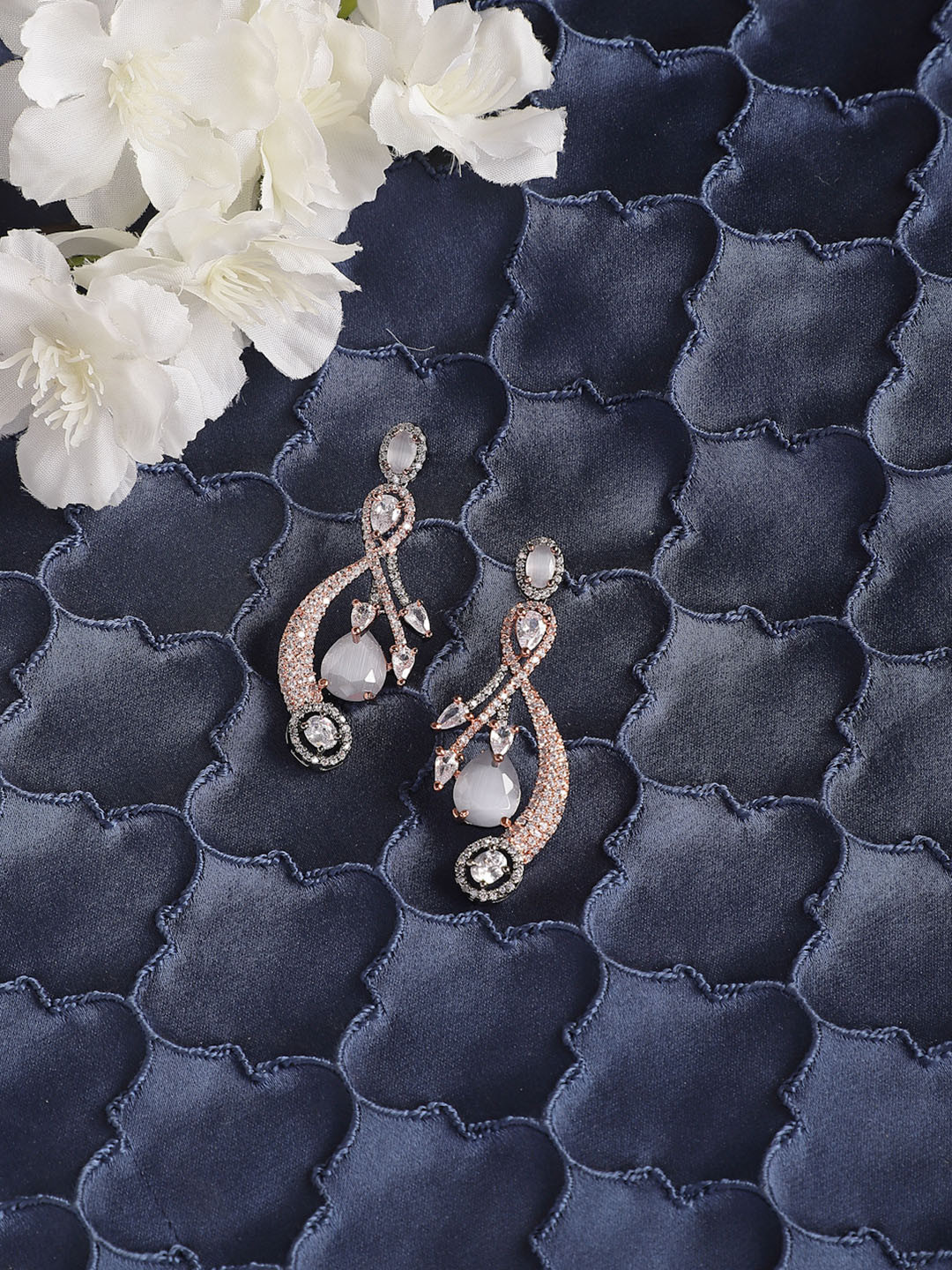 ZENEME Rose Gold Gunmetal Toned Grey American Diamond Studded Earrings