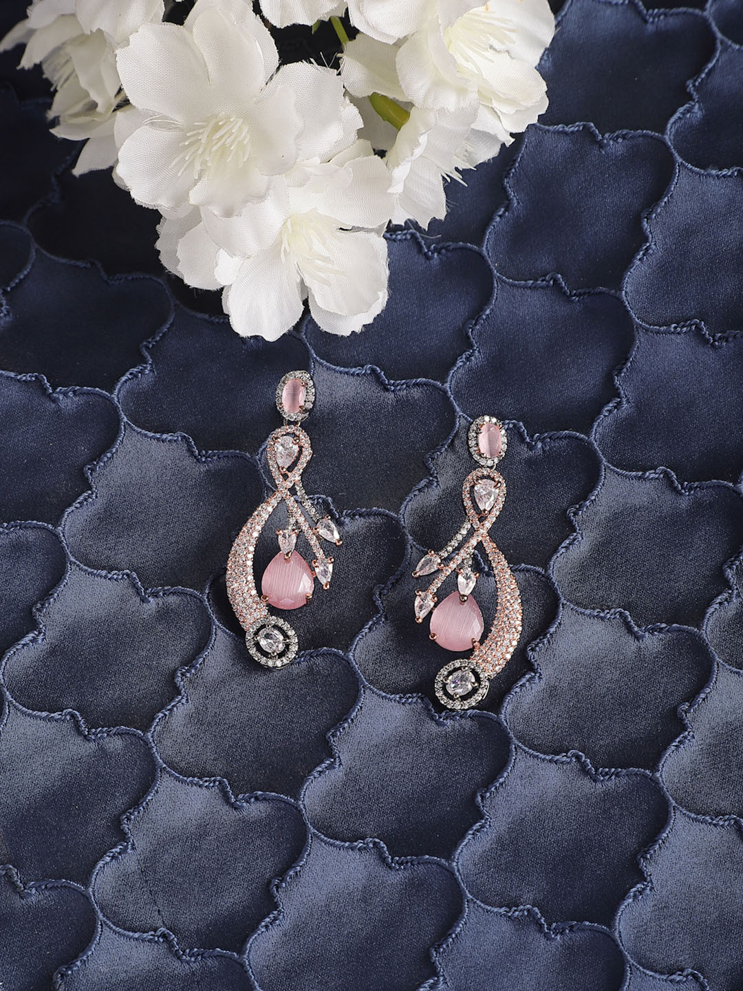 ZENEME Rose Gold Gunmetal Toned Pink American Diamond Studded Earrings