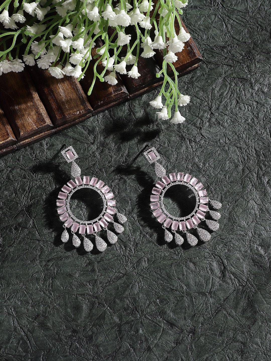 ZENEME Rhodium-Plated Pink American Diamond Studded Circle Shaped Earrings