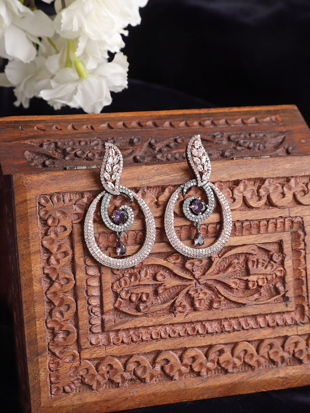 ZENEME Rose Gold Gunmetal Toned Violet American Diamond Studded Earrings