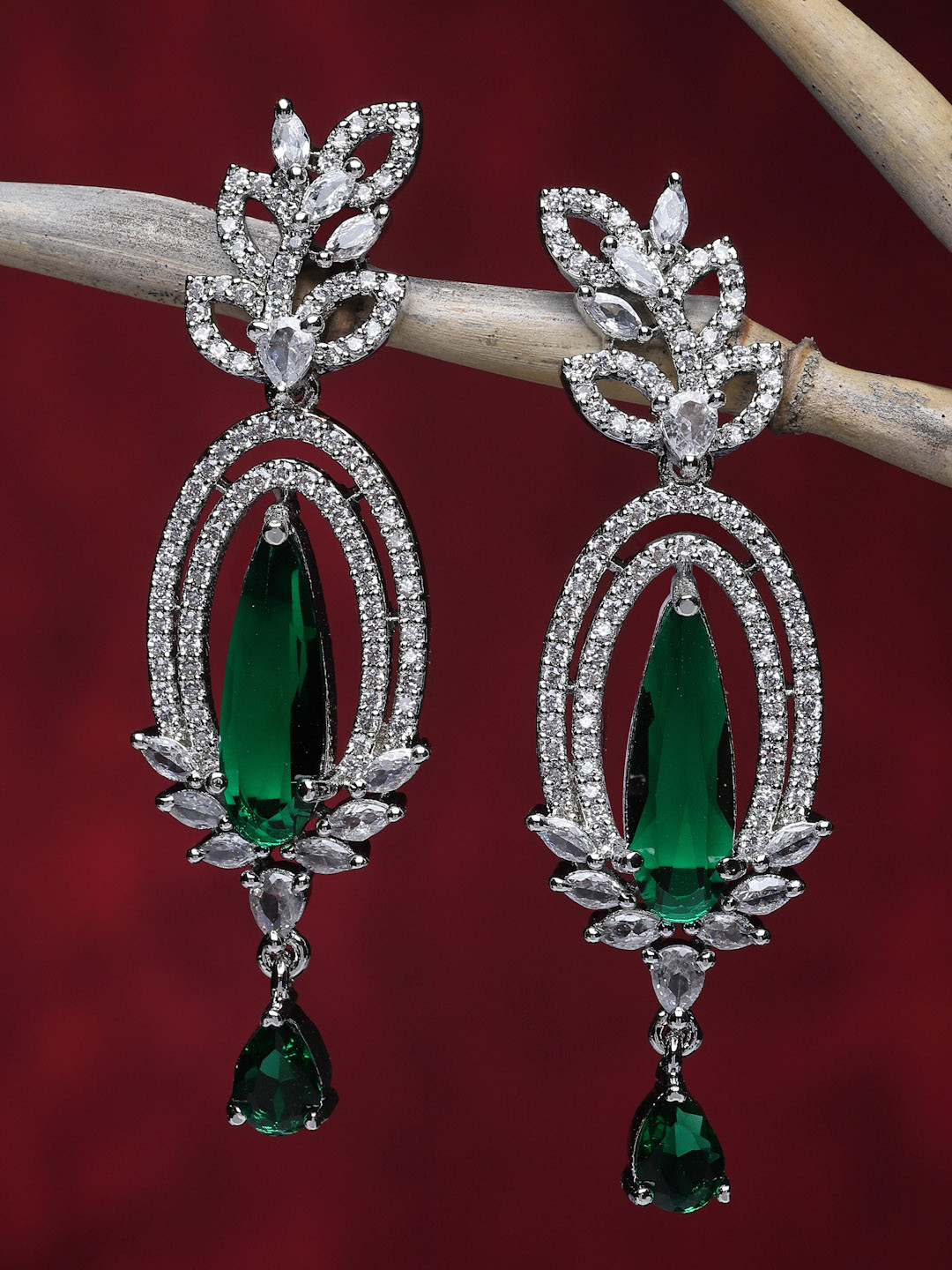 ZENEME Rhodium Plated Silver Toned Nature Inspired Long Teardrop AD Dangler Earrings