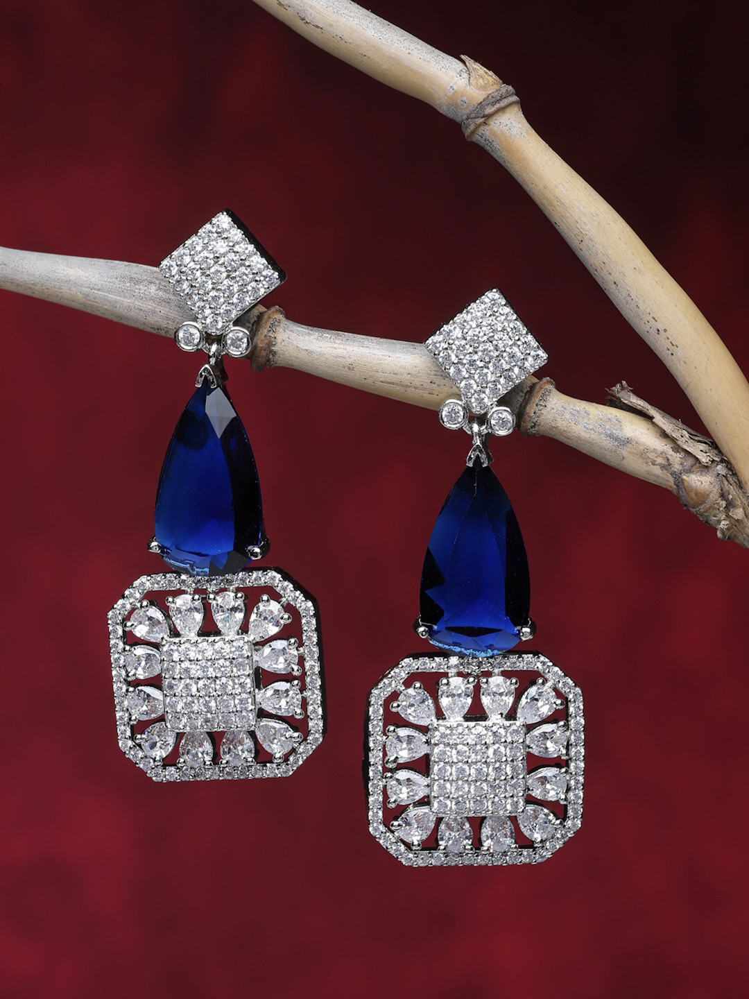 ZENEME Rhodium-Plated American Diamond Square Drop Earrings